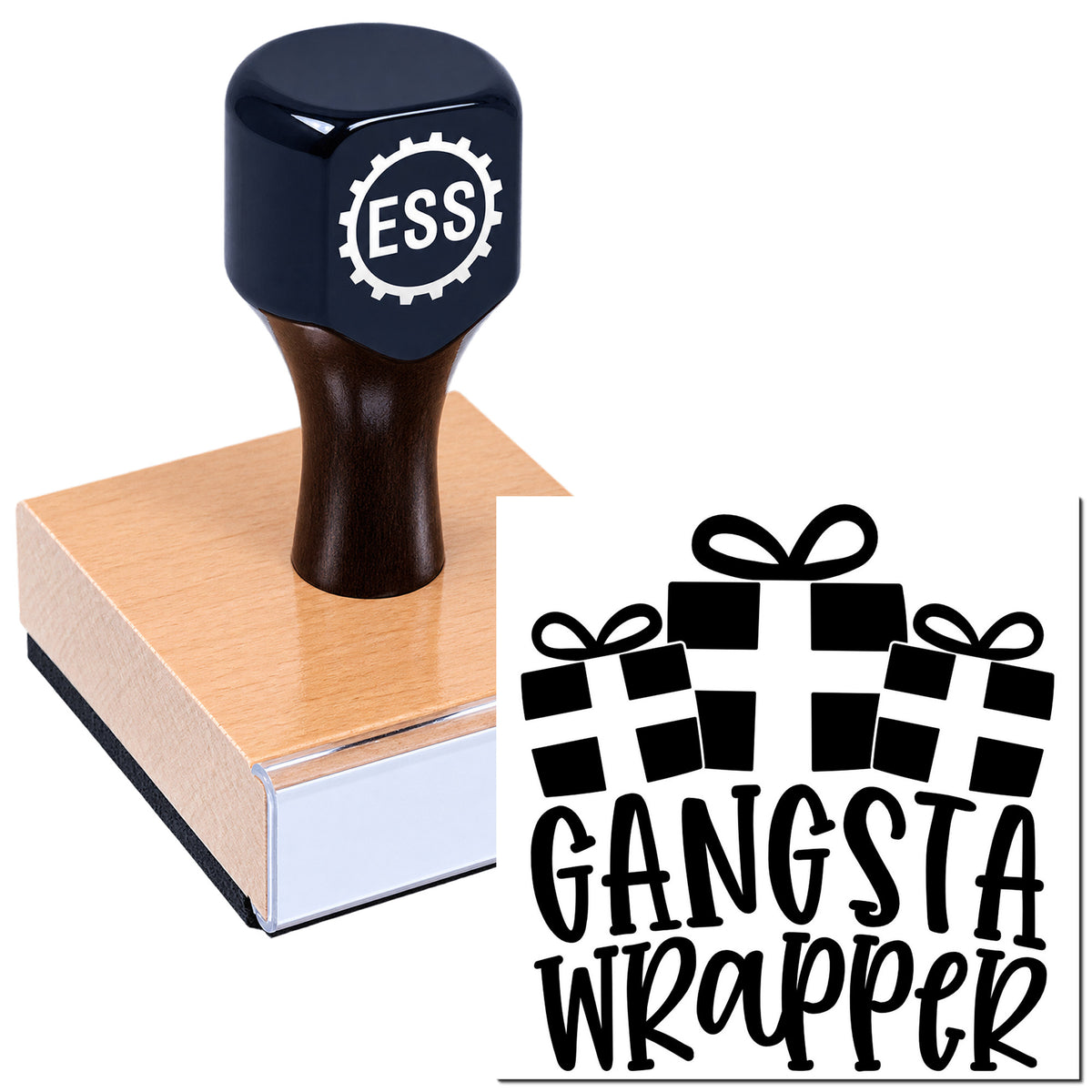 Black ESS rubber stamp on a pink wooden block beside a black gift-seal logo reading GANSTA WRAPPER.