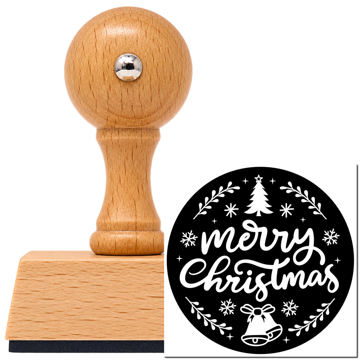 Vintage Pro beech wood stamp with a round knob handle, shown with its black Merry Christmas Round Botanical Emblem imprint on white.
