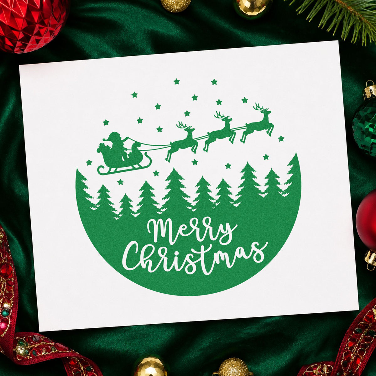 Merry Christmas Sleigh Forest Circle craft stamp imprint in green ink on a handmade project, one idea being disc ornament tags.