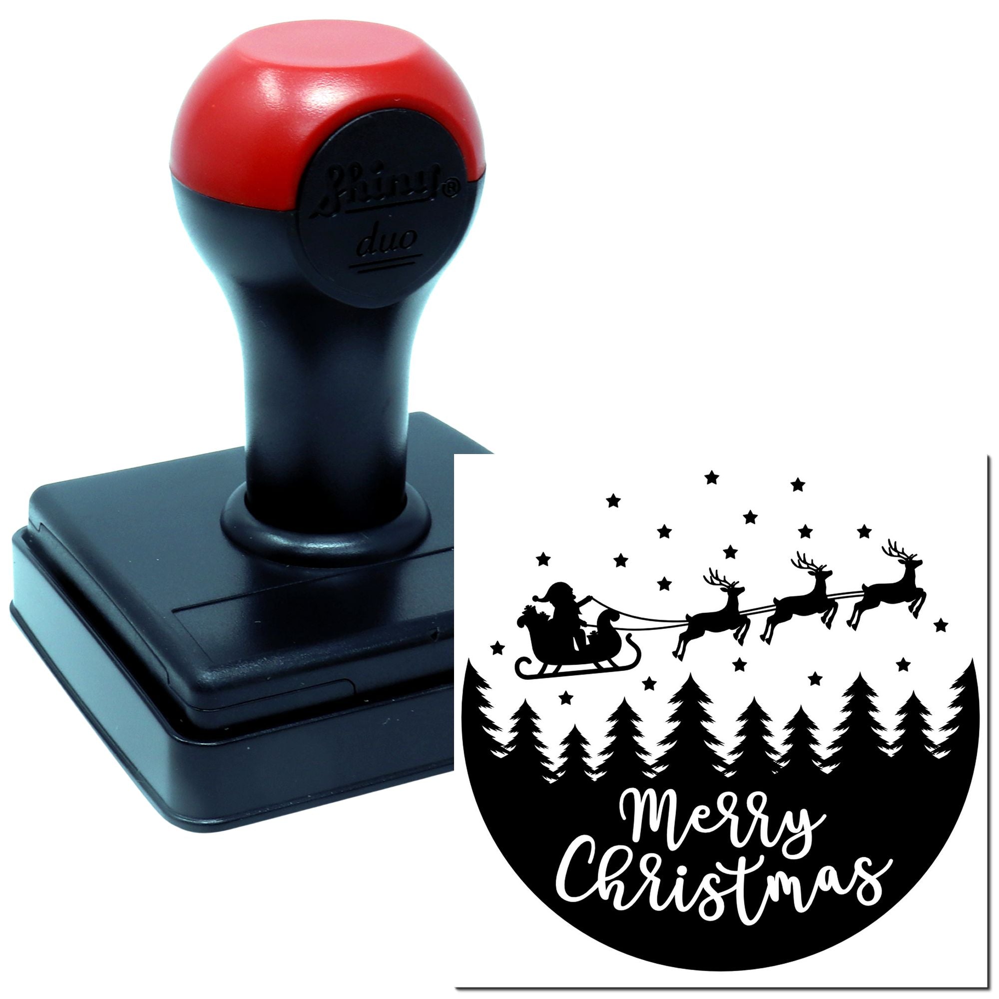 Duo Santa Flying Over Starry Pines Hand Stamp