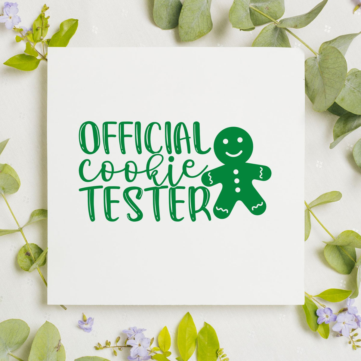 Official Cookie Tester rubber stamp shown in green ink, stamped for projects such as taste test album page.
