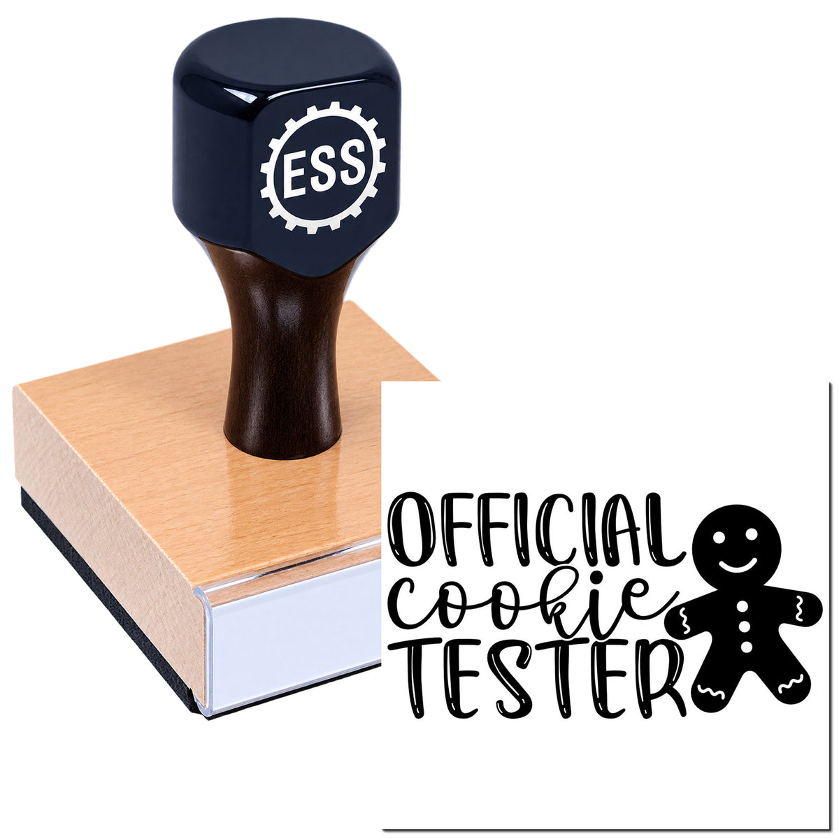 Black rubber stamp seal with ESS logo on a tan block, featuring "Official Cookie Tester" and a gingerbread man.