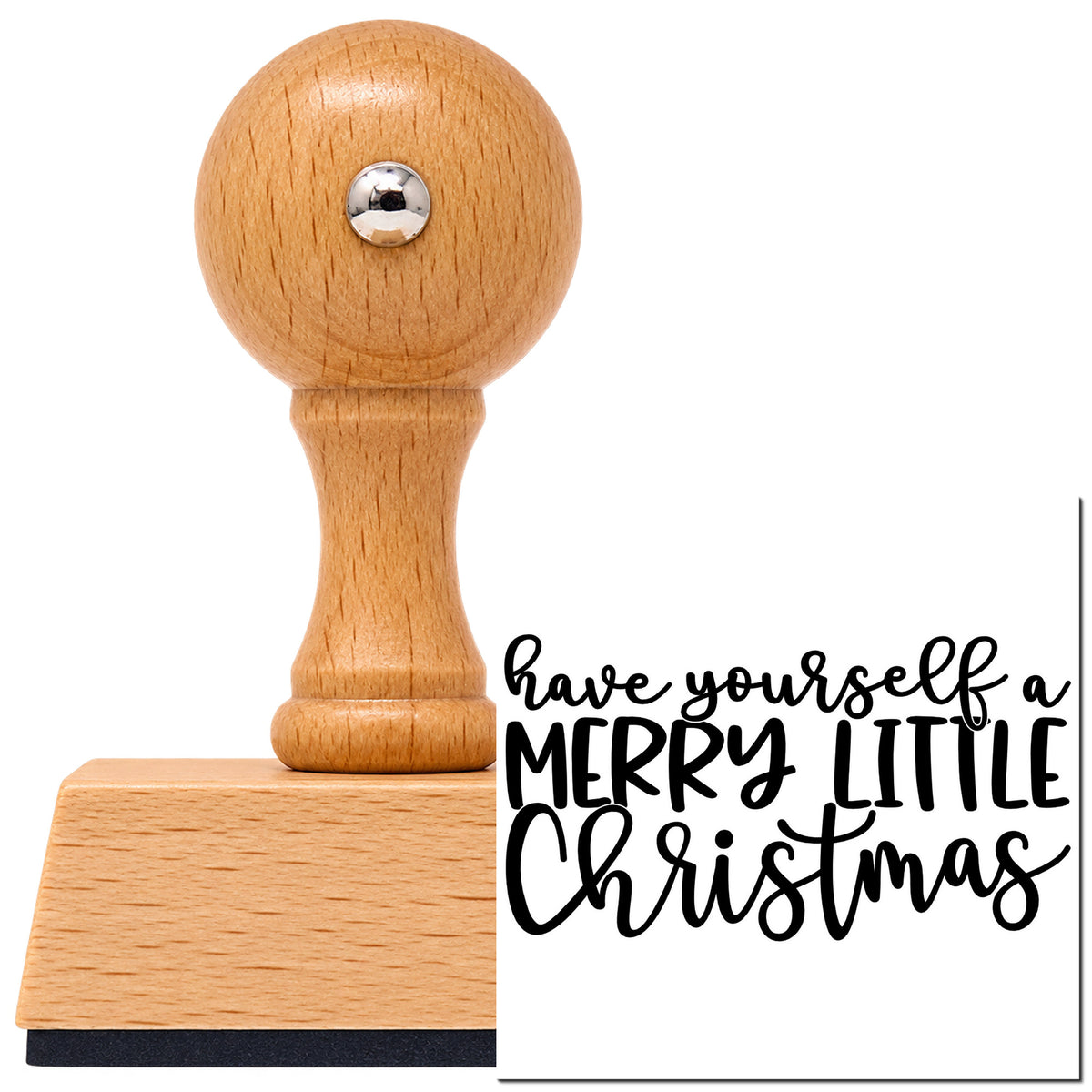 Vintage Pro beech wood stamp with a round knob handle, shown with its black Have Yourself Merry Little Christmas imprint on white.