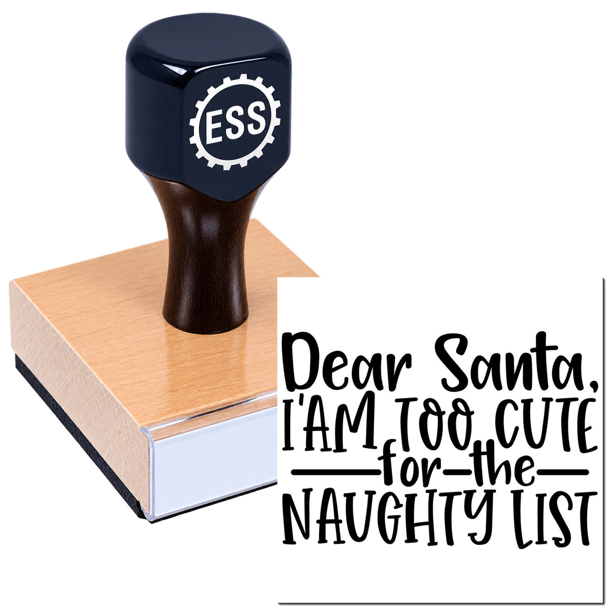 Black ESS stamp and seal on pink block with "Dear Santa, I'm too cute for the naughty list" in bold black script.