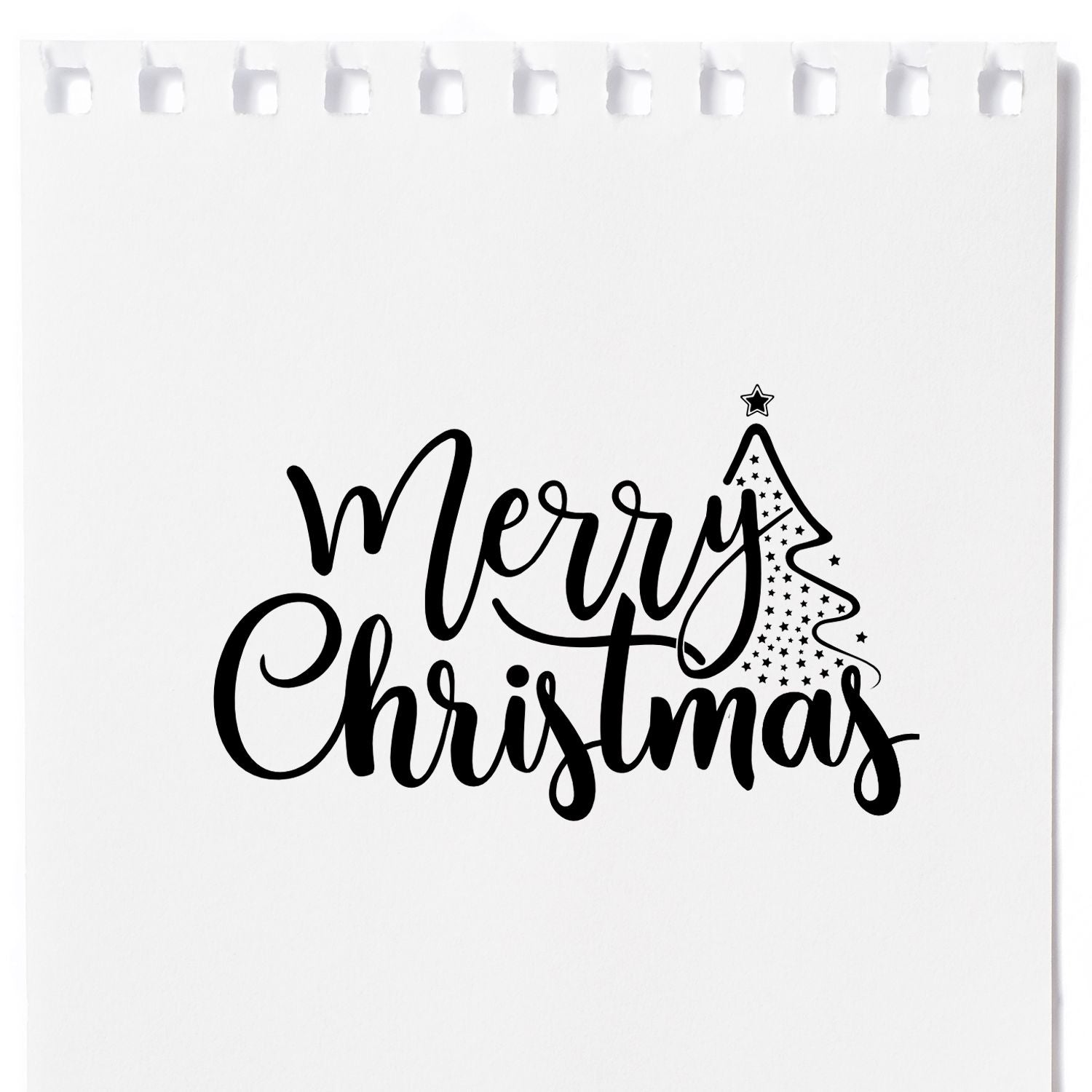 White stamp seal featuring black Merry Christmas script and a starry Christmas tree design