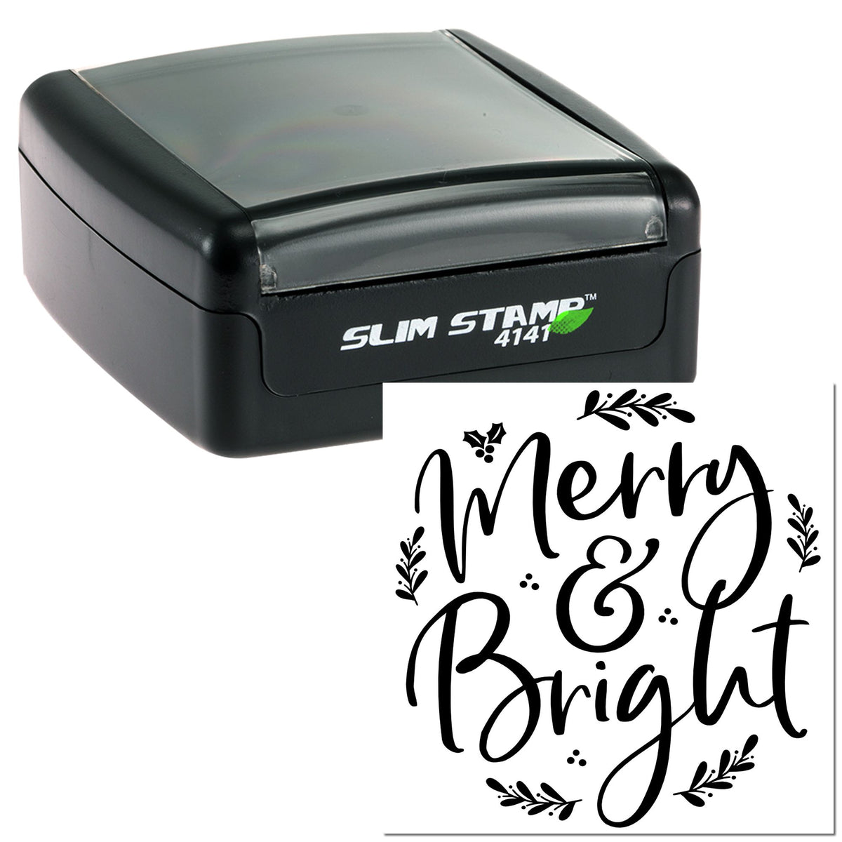 Black slim self-inking stamp with clear top and Merry & Bright decorative seal in black script on white.