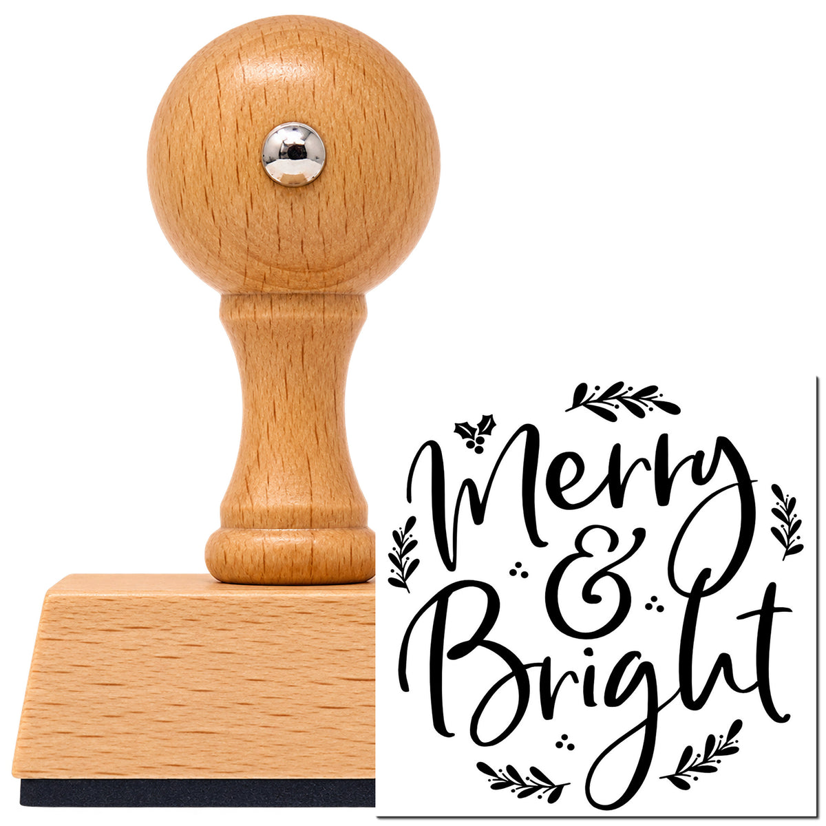 Vintage Pro beech wood stamp with a round knob handle, shown with its black Merry And Bright Botanical imprint on white.