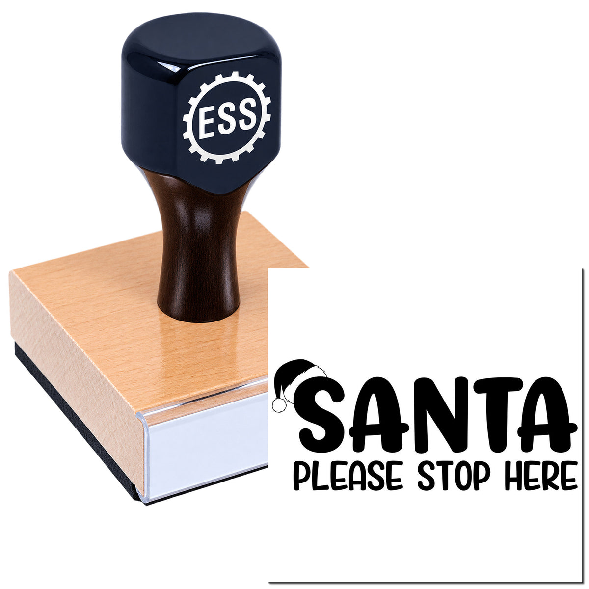 Black ESS stamp and seal on a copper-toned base beside a Santa seal reading "Please Stop Here"