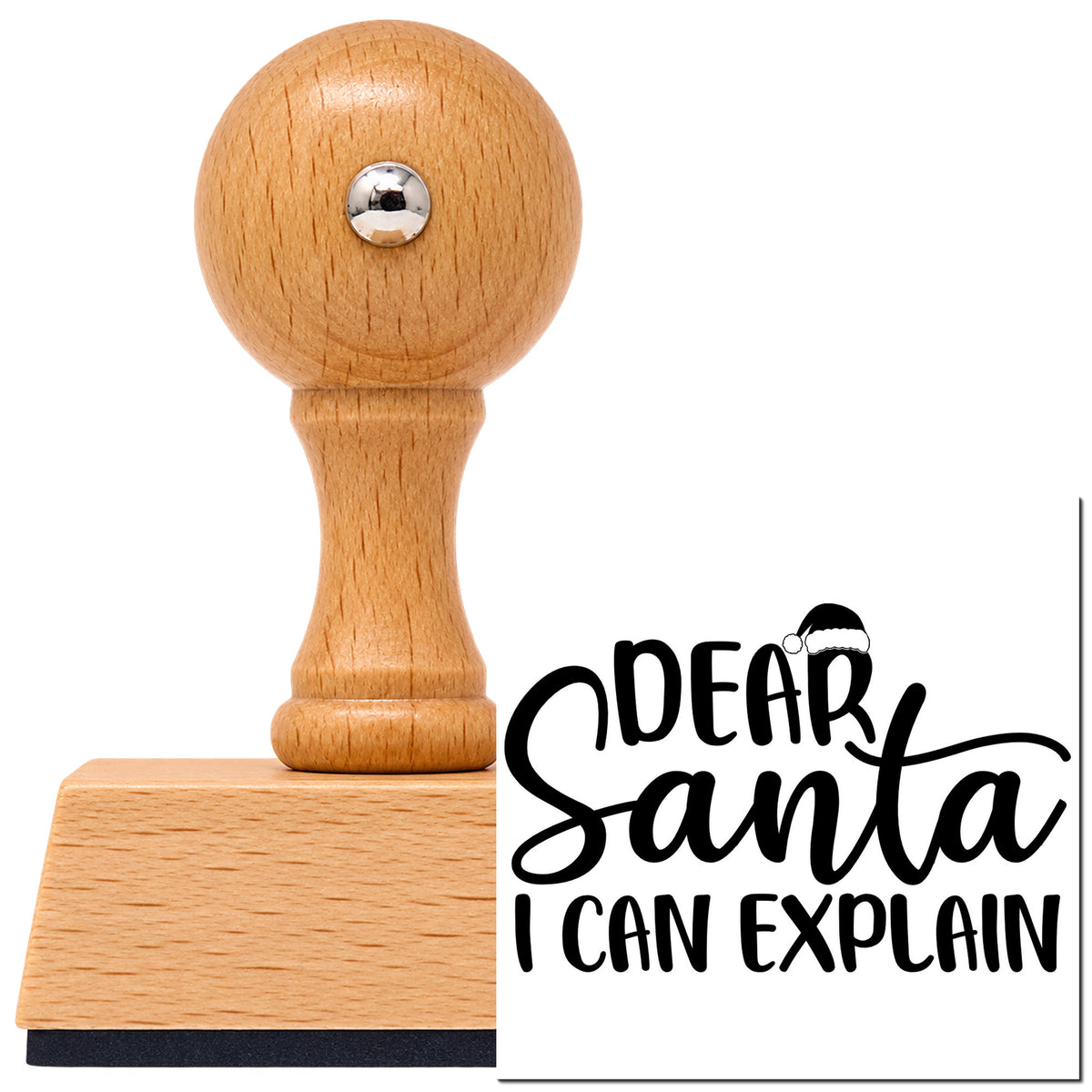 Vintage Pro beech wood stamp with a round knob handle, shown with its black Dear Santa I Can Explain Hat imprint on white.