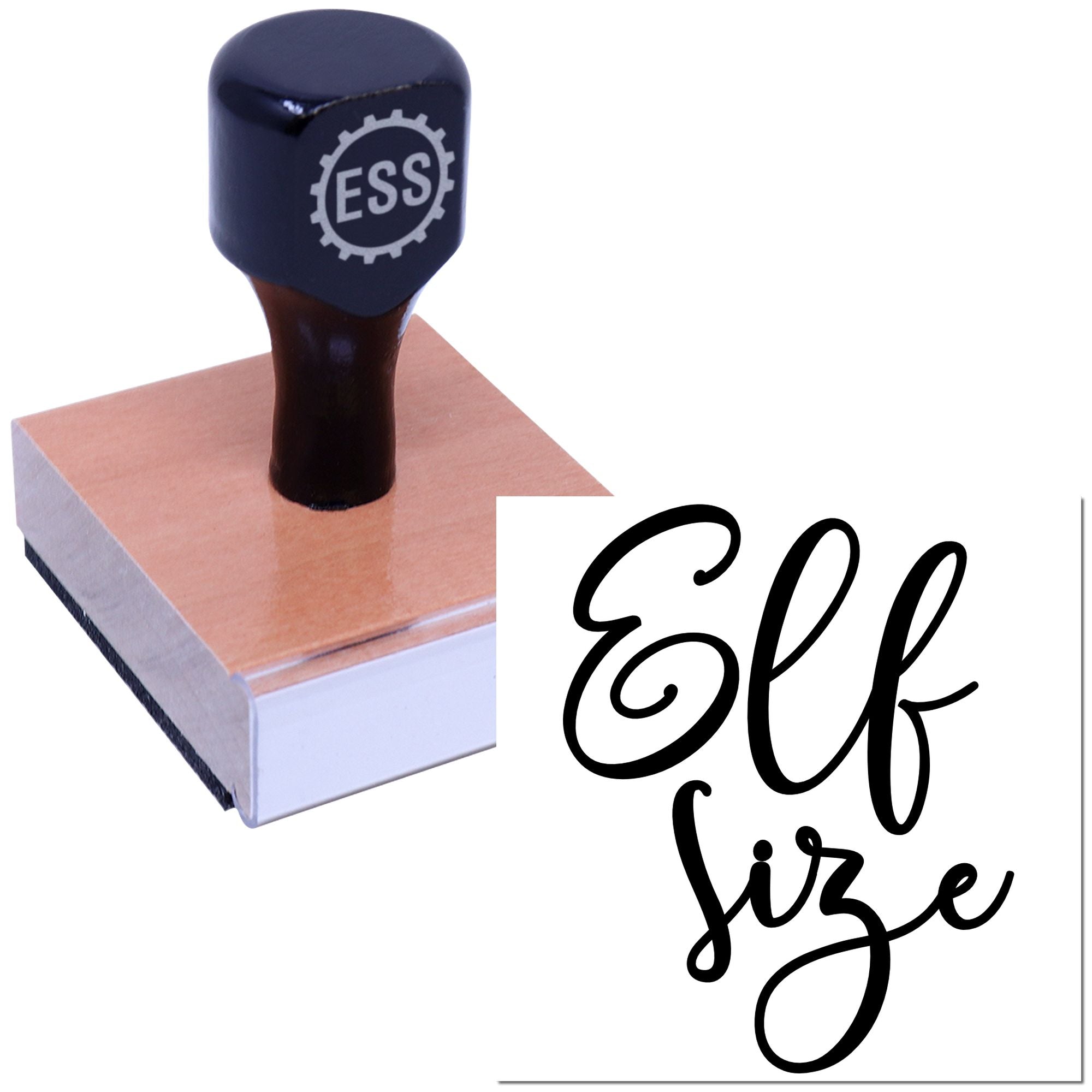 Black ESS rubber stamp on tan wooden base with black calligraphic seal sample on white background.