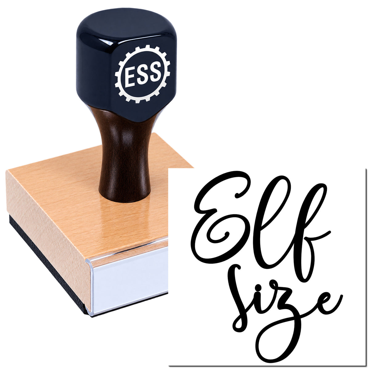 Black ESS rubber stamp on tan wooden base with black calligraphic seal sample on white background.
