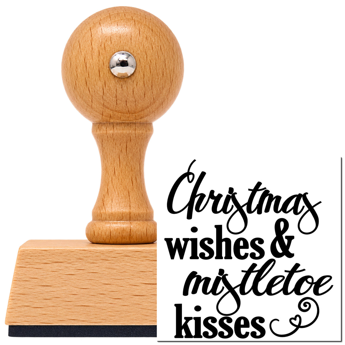 Vintage Pro beech wood stamp with a round knob handle, shown with its black Christmas Wishes Mistletoe Kisses imprint on white.