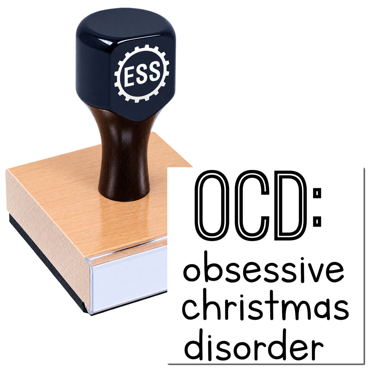 Dark blue ESSL stamp and seal block on a wooden base beside OCD: obsessive Christmas disorder lettering.