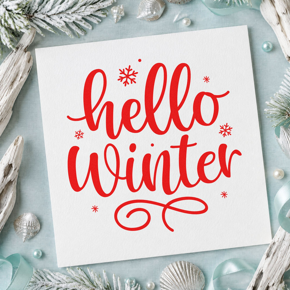 Hello Winter Snowflakes rubber stamp shown in red ink, stamped for projects such as syrup bottle labels.