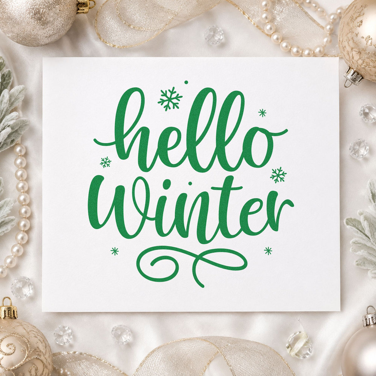 Hello Winter Snowflakes craft stamp imprint in green ink on a handmade project, one idea being punch loyalty cards.