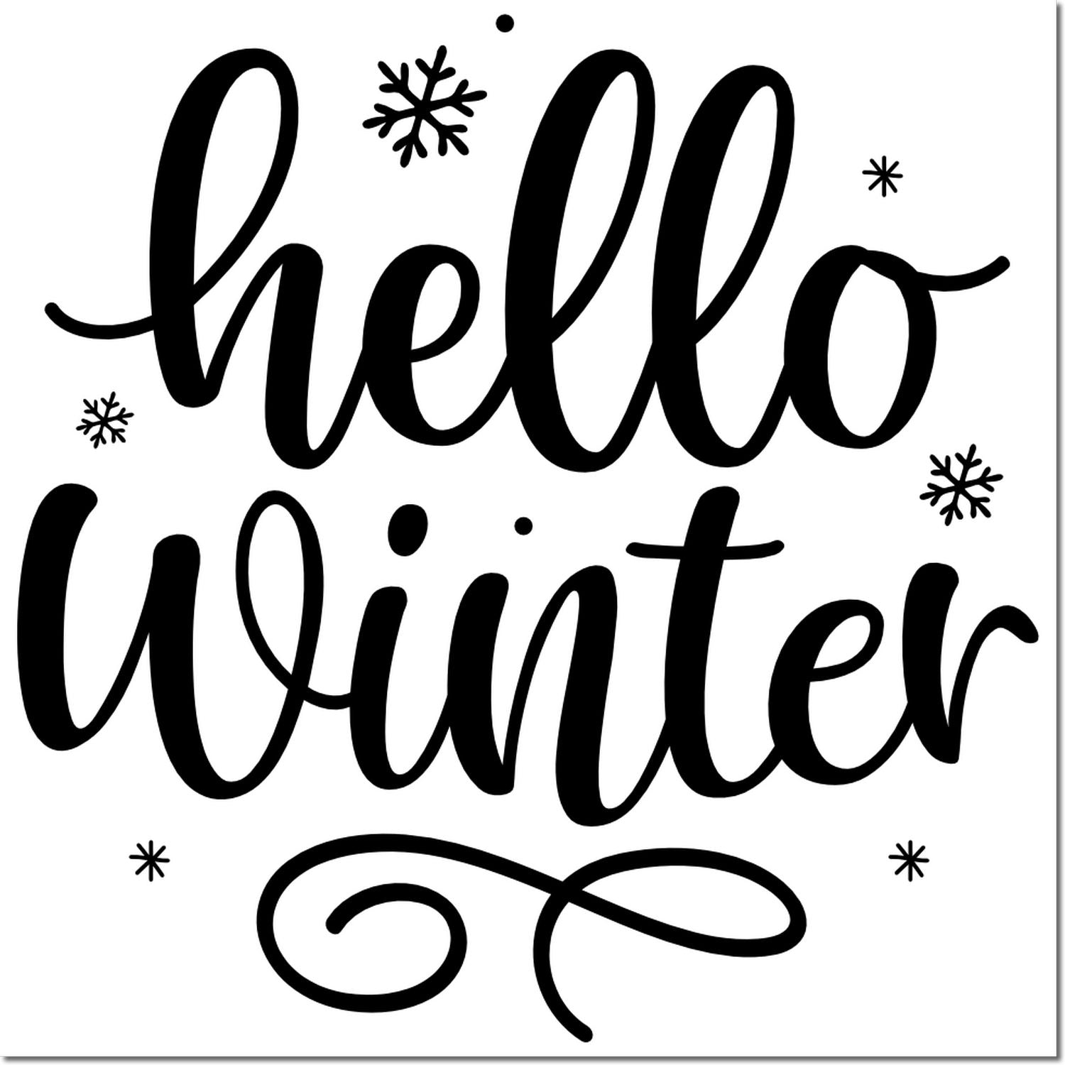 Black hello winter stamp and seal design with snowflakes and a swirl flourish on a white background.
