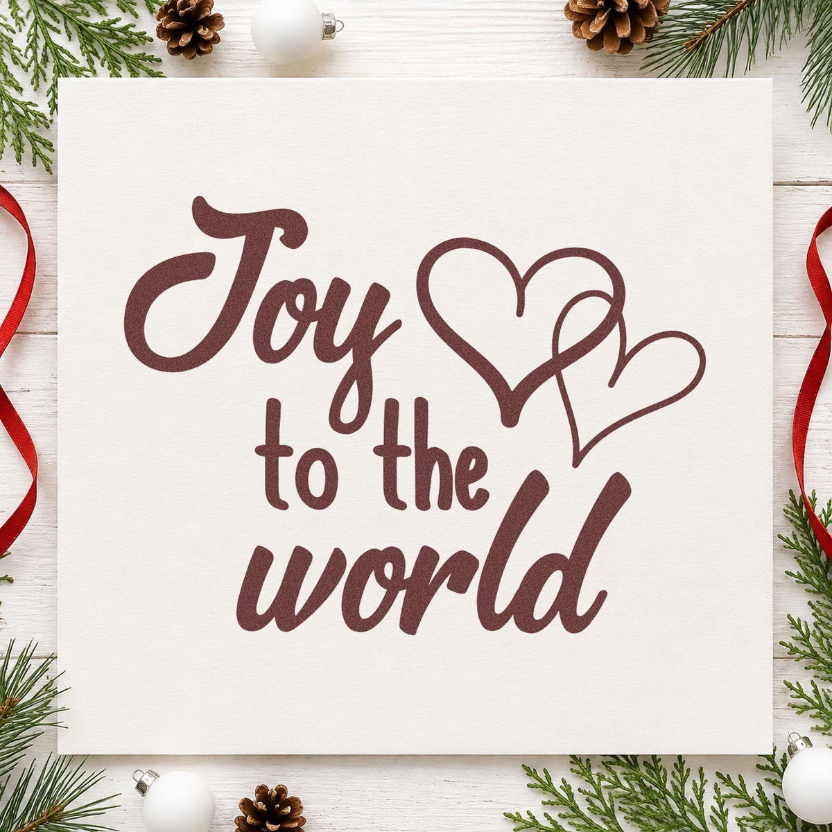 Joy To World Hearts rubber stamp printed in brown ink, ready for drive tally sheet and similar paper crafts.