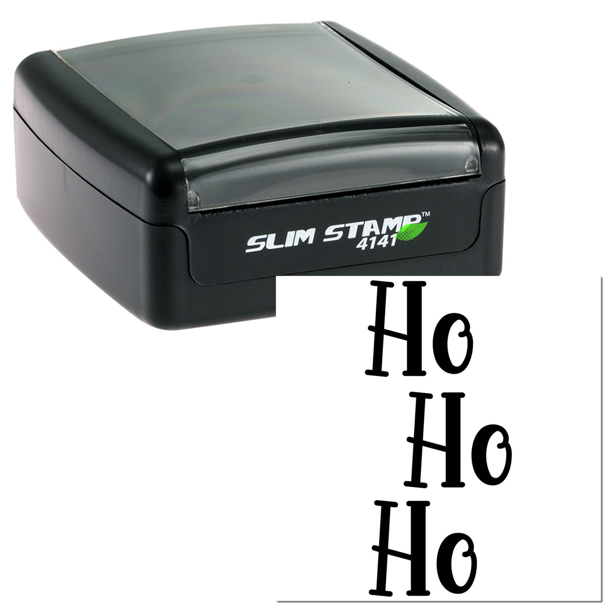 Black slim self-inking stamp with gray lid, showing repeated black Ho seal impressions on white paper.