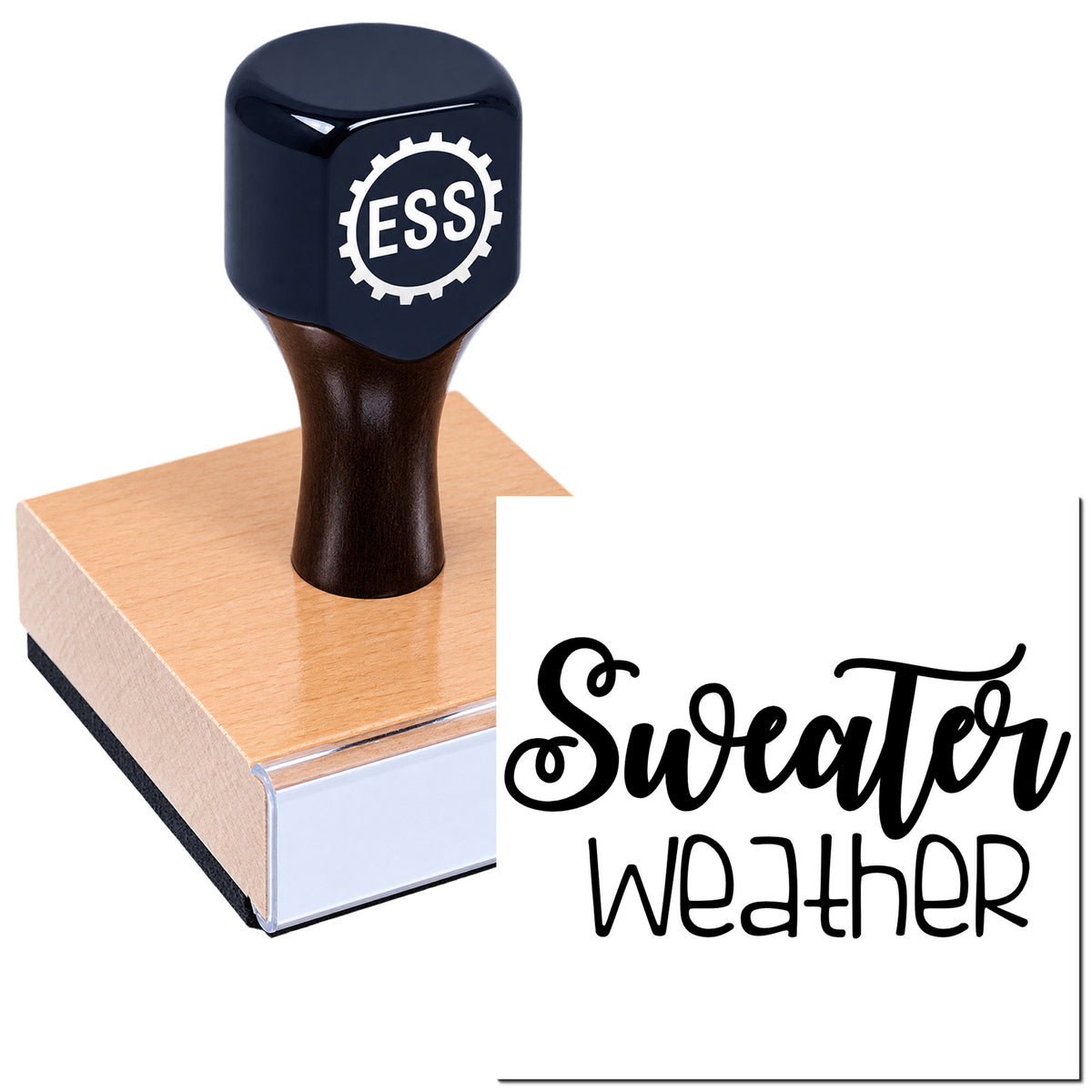 Black rubber stamp seal on pink block with ESS logo, beside white card reading Sweater Weather in bold script.