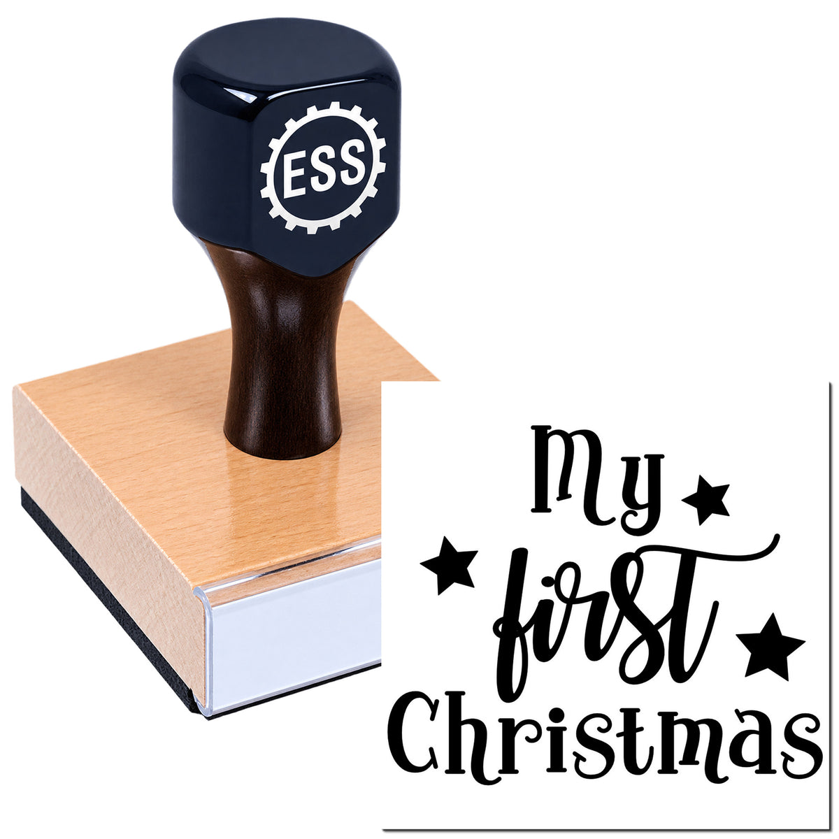 Black ESS stamp and seal on wooden block with "My first Christmas" text and stars