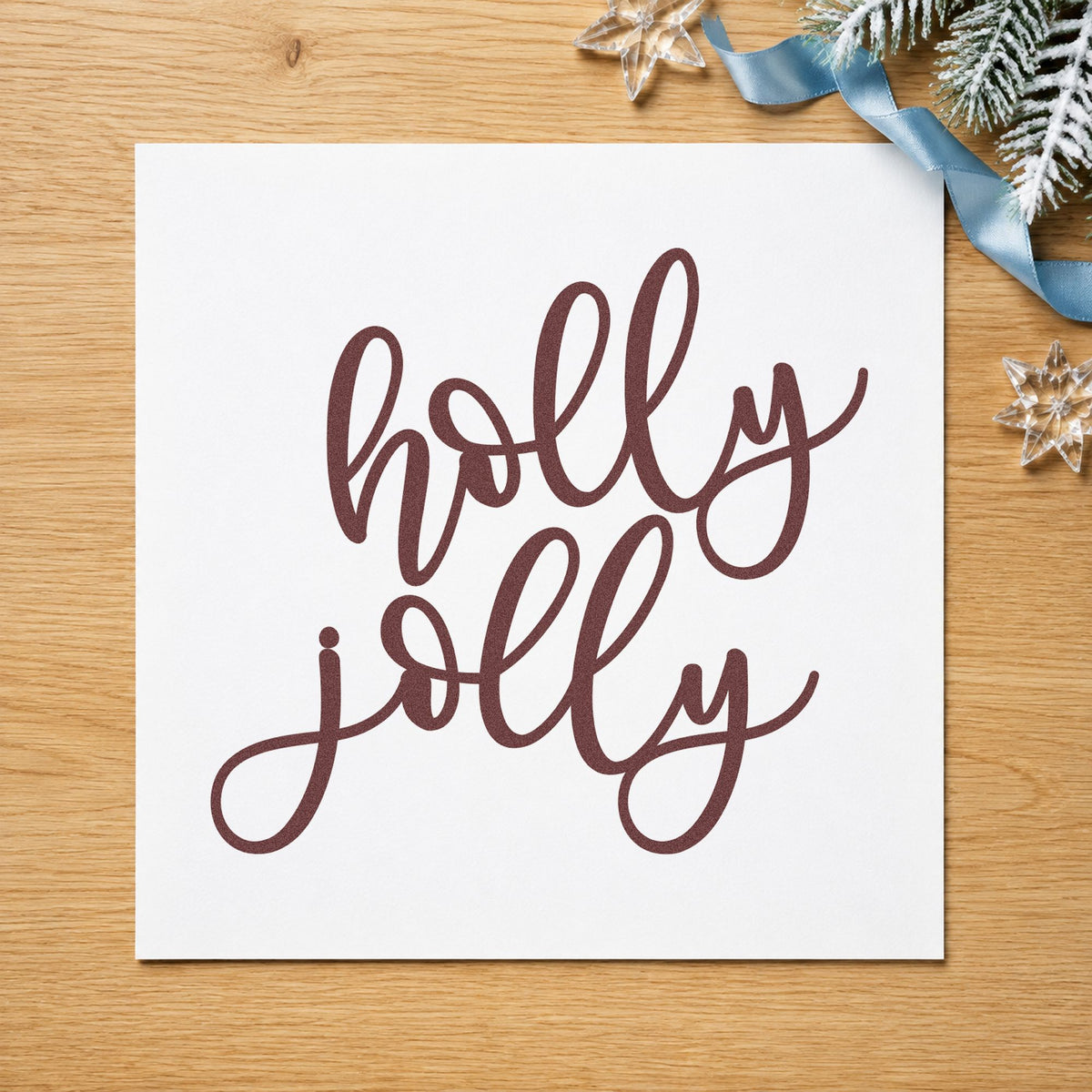 Holly Jolly Script rubber stamp printed in brown ink, ready for mood board header and similar paper crafts.