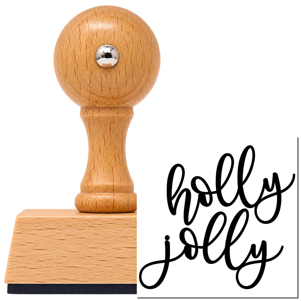 Vintage Pro beech wood stamp with a round knob handle, shown with its black Holly Jolly Script imprint on white.