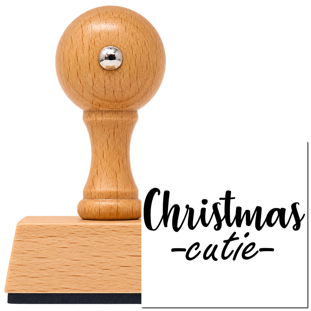 Vintage Pro beech wood stamp with a round knob handle, shown with its black Christmas Cutie Script imprint on white.