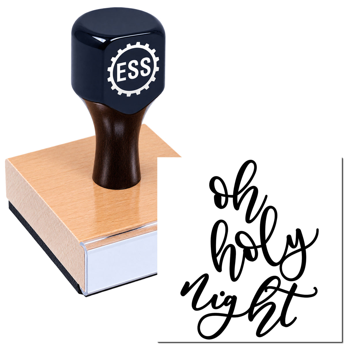 Black ESS logo stamp with wooden handle beside a white seal reading "oh holy night" in cursive.