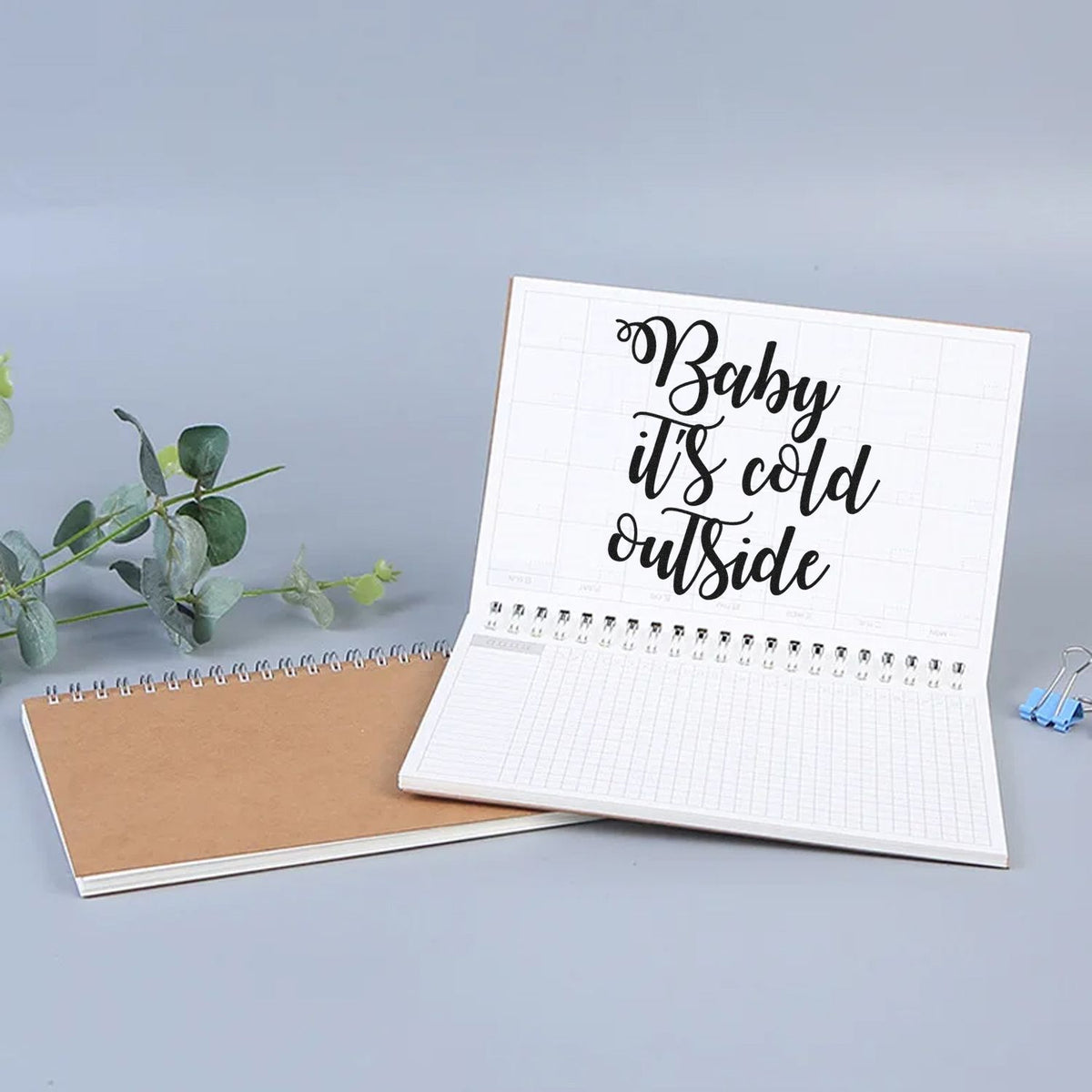 White stamp and seal planner with black Baby its cold outside script, brown notebook, blue clip, and green leaves.