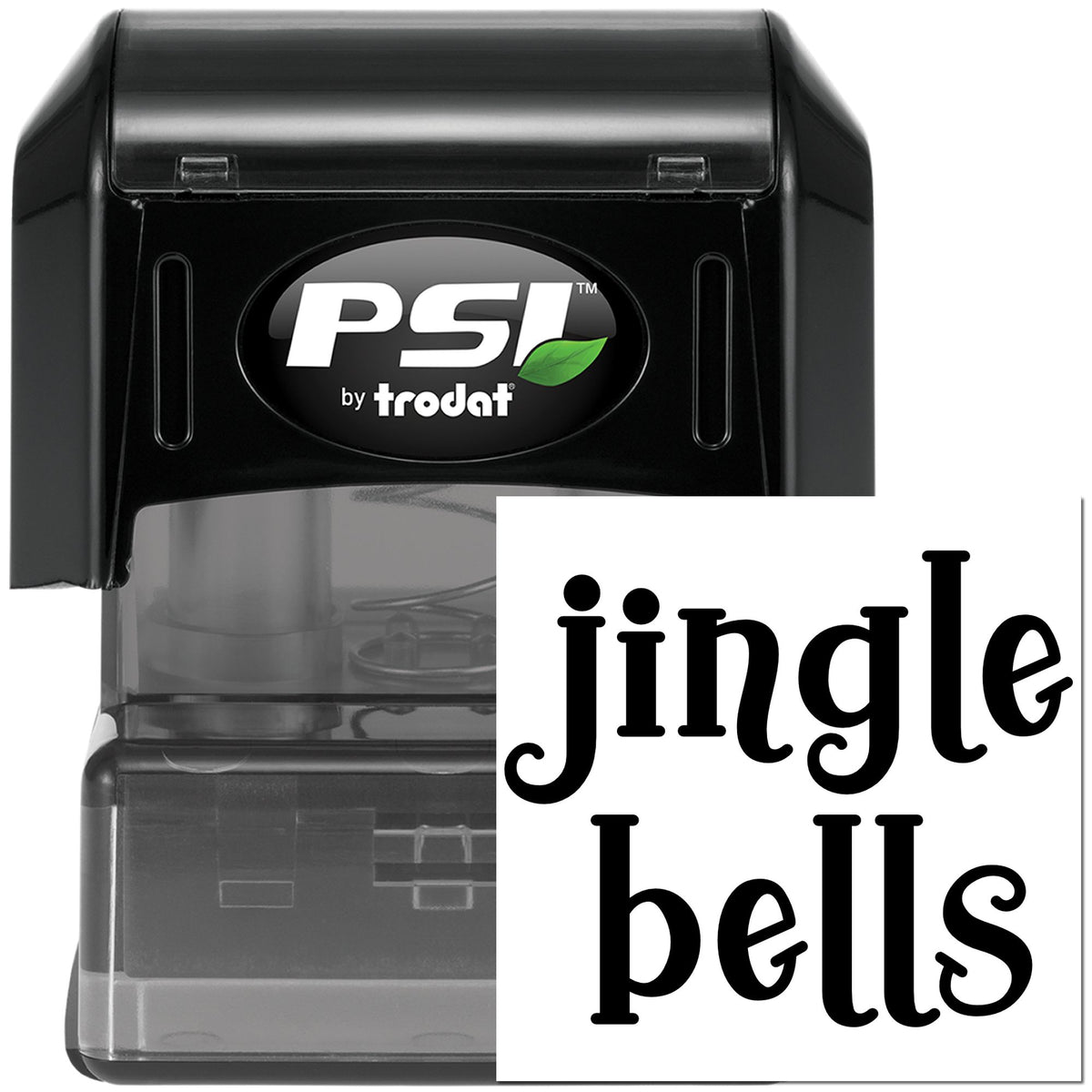 Black PSI by Trodat self-inking stamp and seal with gray case and jingle bells lettering.