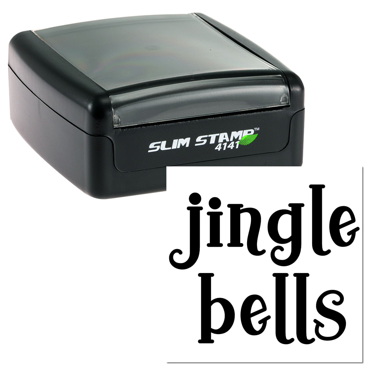 Black self-inking slim stamp and seal with translucent gray lid, showing bold black jingle bells imprint sample.