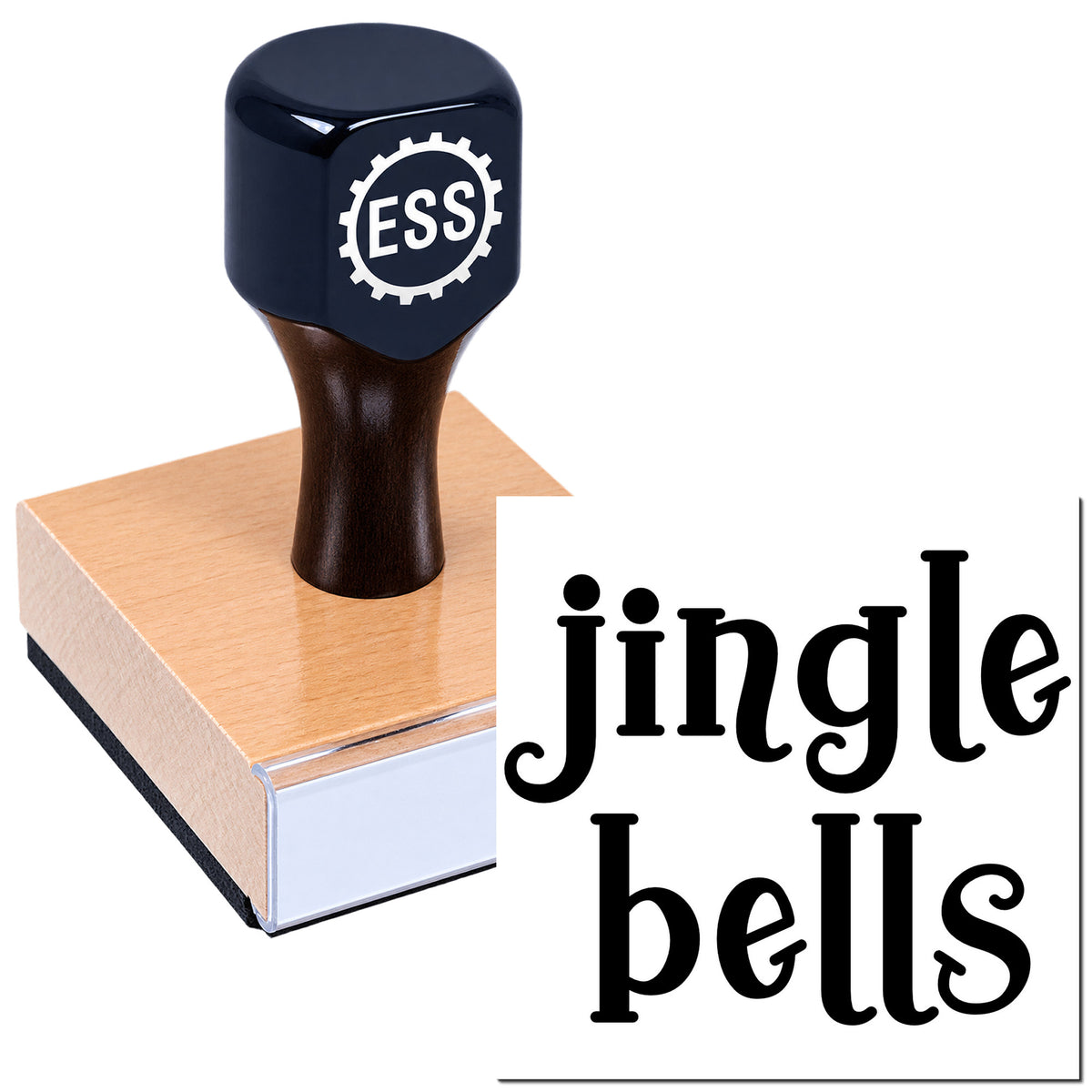 Black ESS stamp and seal on a wooden base, showing a jingle bells imprint in bold black lettering.