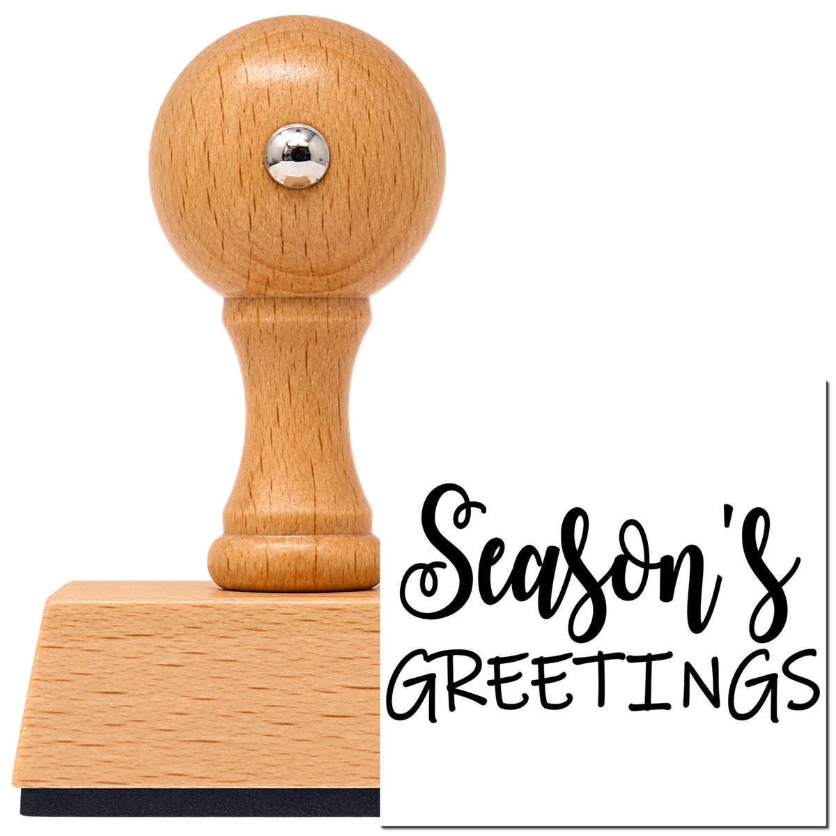 Vintage Pro beech wood stamp with a round knob handle, shown with its black Season's Greetings Mixed Word Art imprint on white.