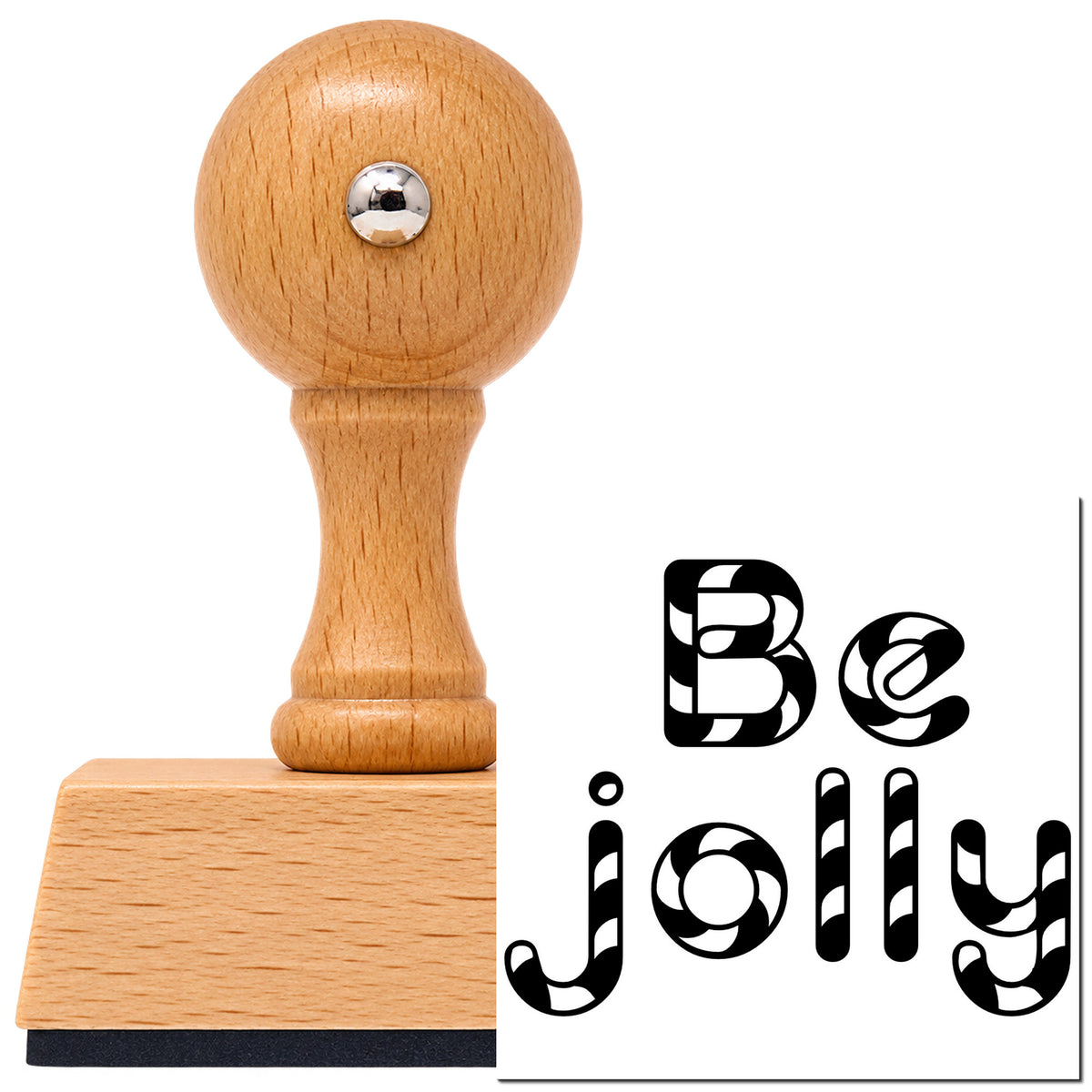 Vintage Pro beech wood stamp with a round knob handle, shown with its black Be Jolly Patterned Letters Lettering imprint on white.