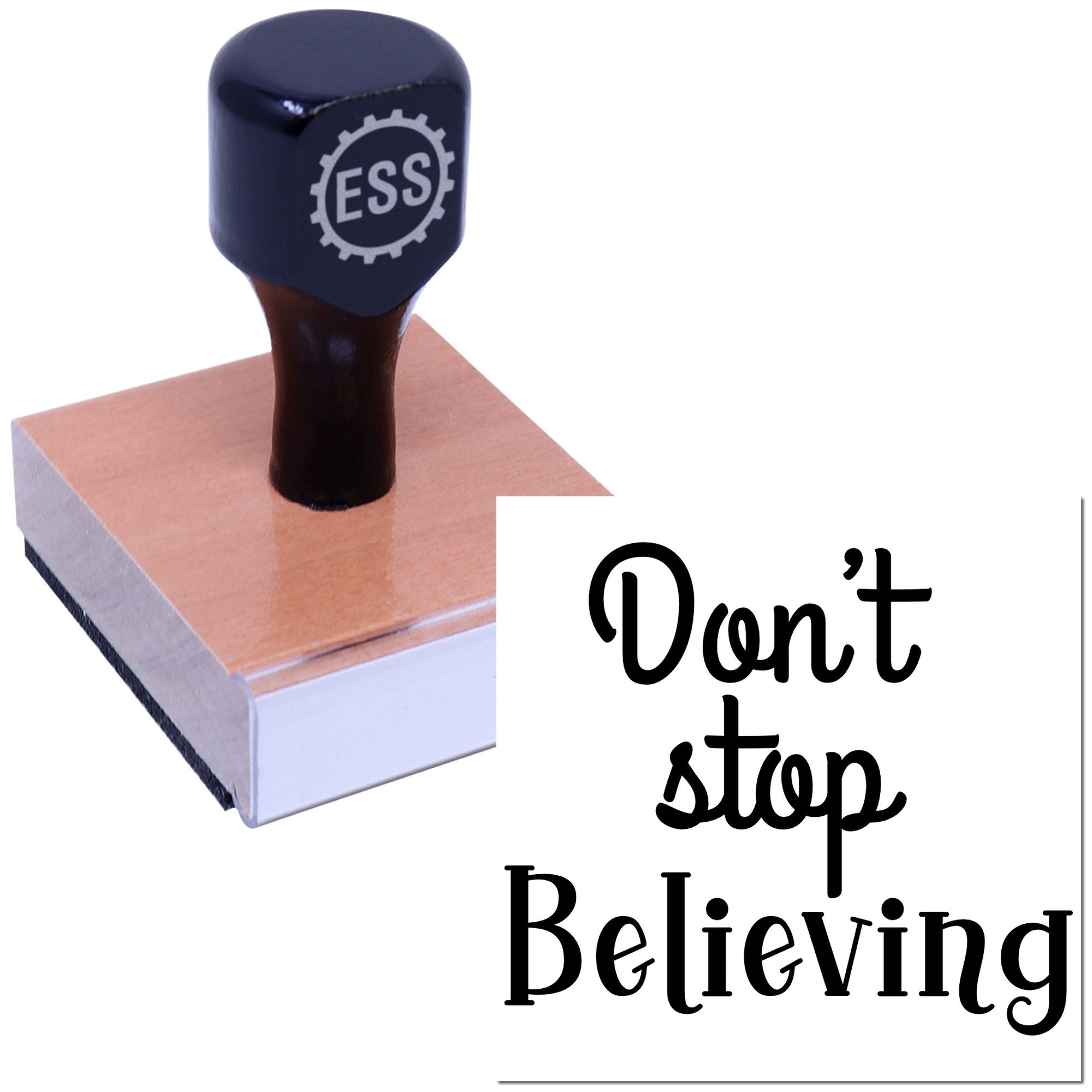 Black ESS stamp and seal on copper-toned block with Dont stop believing text