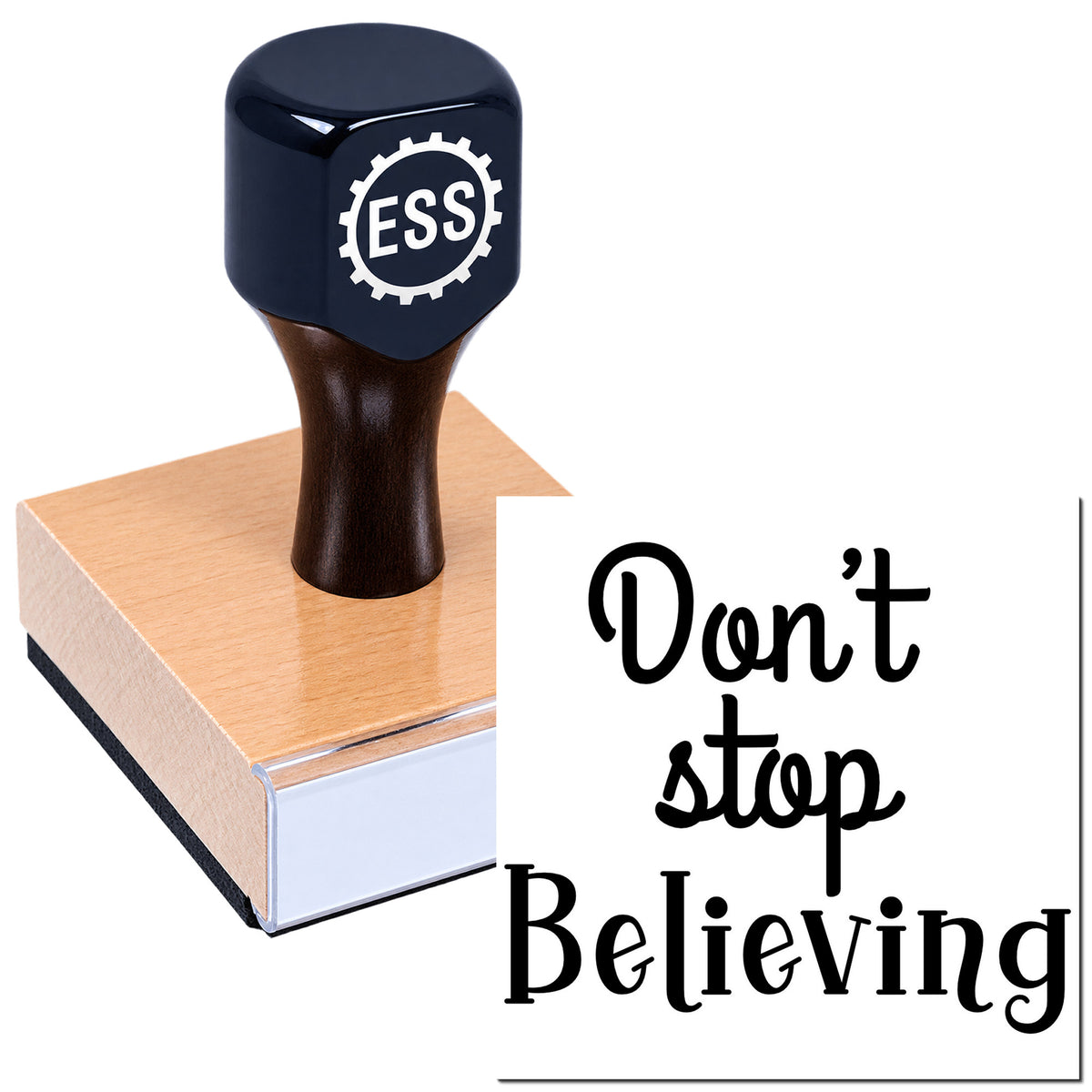 Black ESS stamp and seal on copper-toned block with "Don't stop believing" text