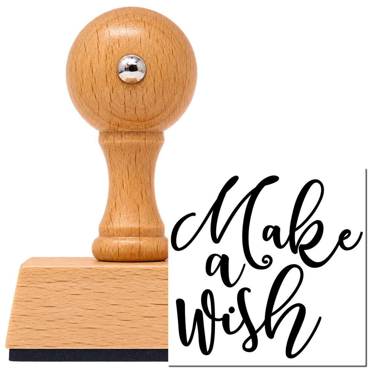 Vintage Pro beech wood stamp with a round knob handle, shown with its black Make A Wish Lettering Flourish imprint on white.