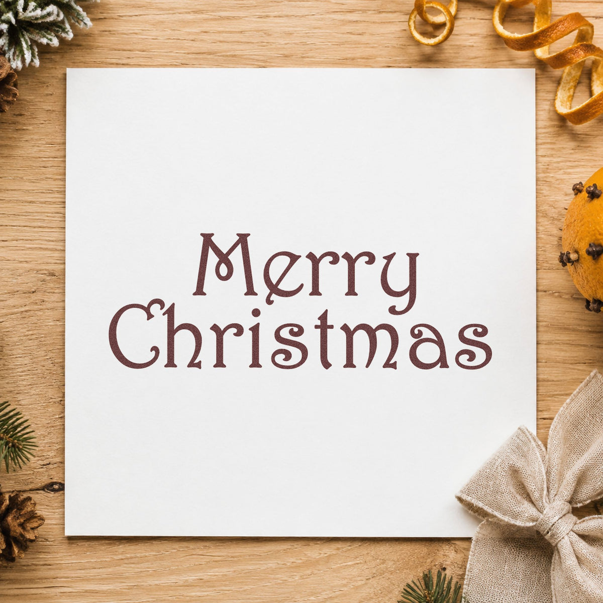 Merry Christmas Thin Serif rubber stamp printed in brown ink, ready for note slip header and similar paper crafts.