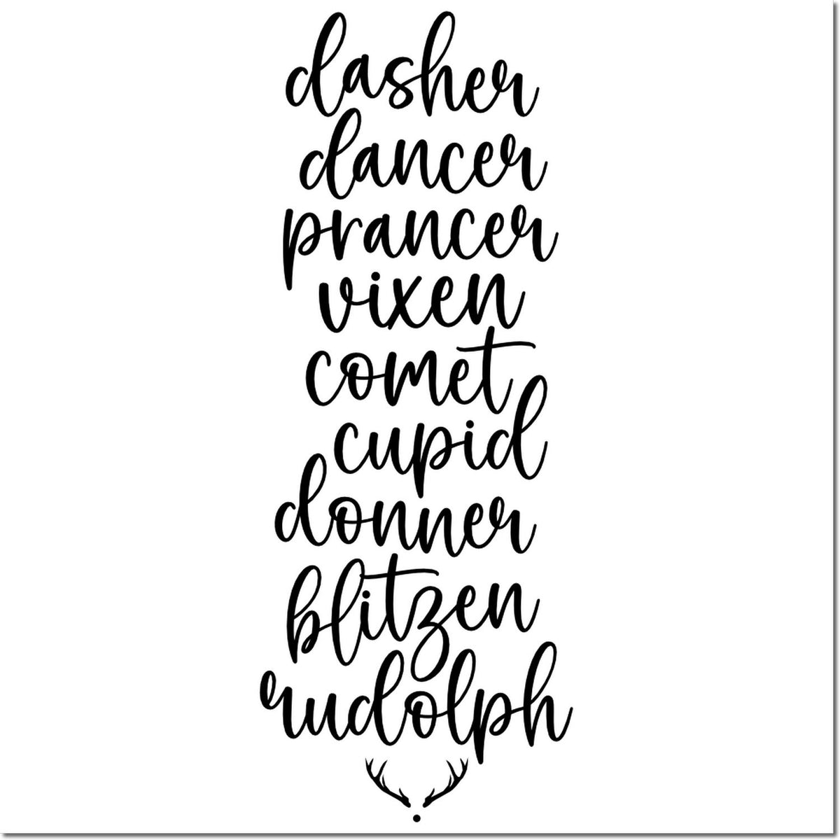 Black holiday stamp design with stacked reindeer names and antlers on a white background for Christmas seals.
