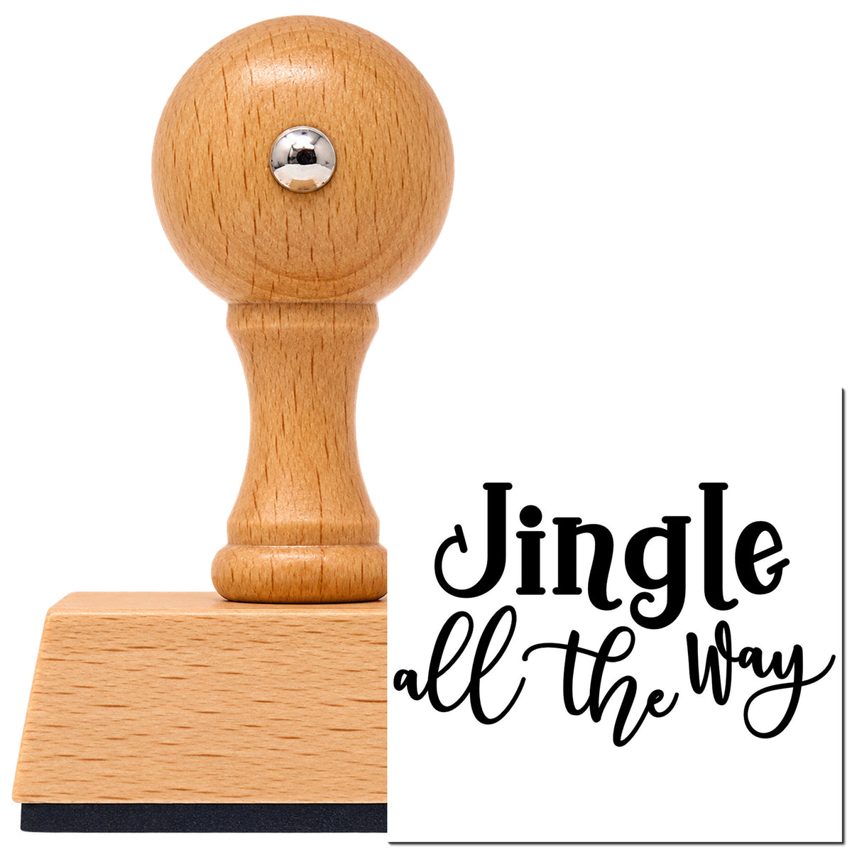 Vintage Pro beech wood stamp with a round knob handle, shown with its black Jingle All The Way Script imprint on white.
