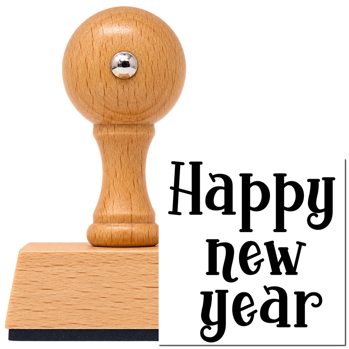Vintage Pro beech wood stamp with a round knob handle, shown with its black Happy New Year imprint on white.