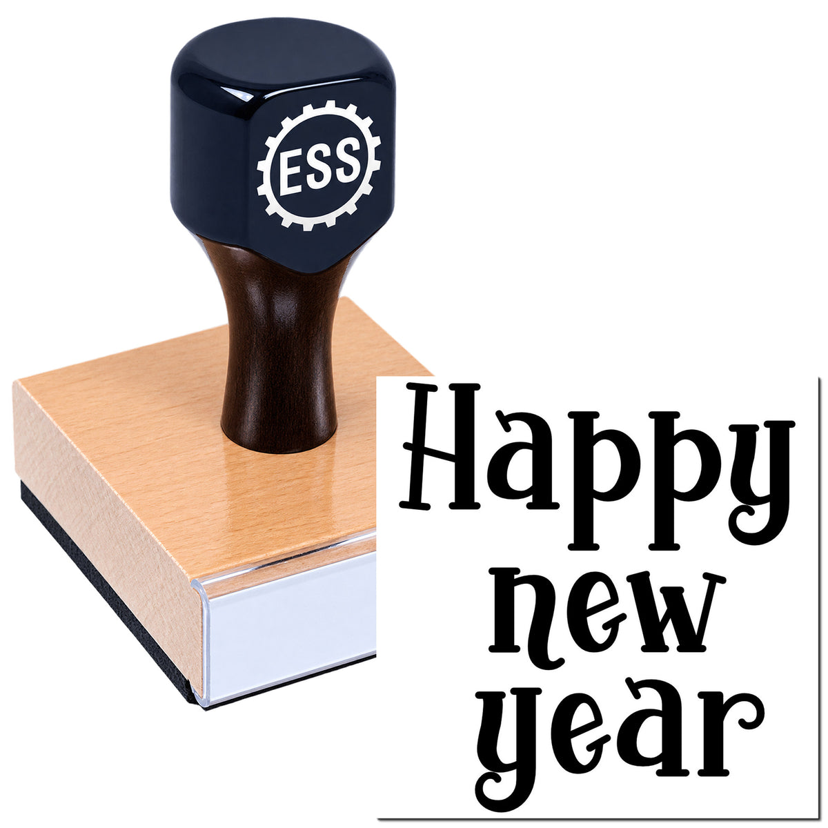 Black ESS stamp on a pink seal block, with "Happy new year" in bold black lettering.