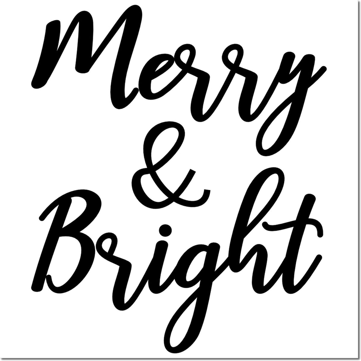 Black cursive Merry & Bright stamp design in black on a white background for holiday seal products.