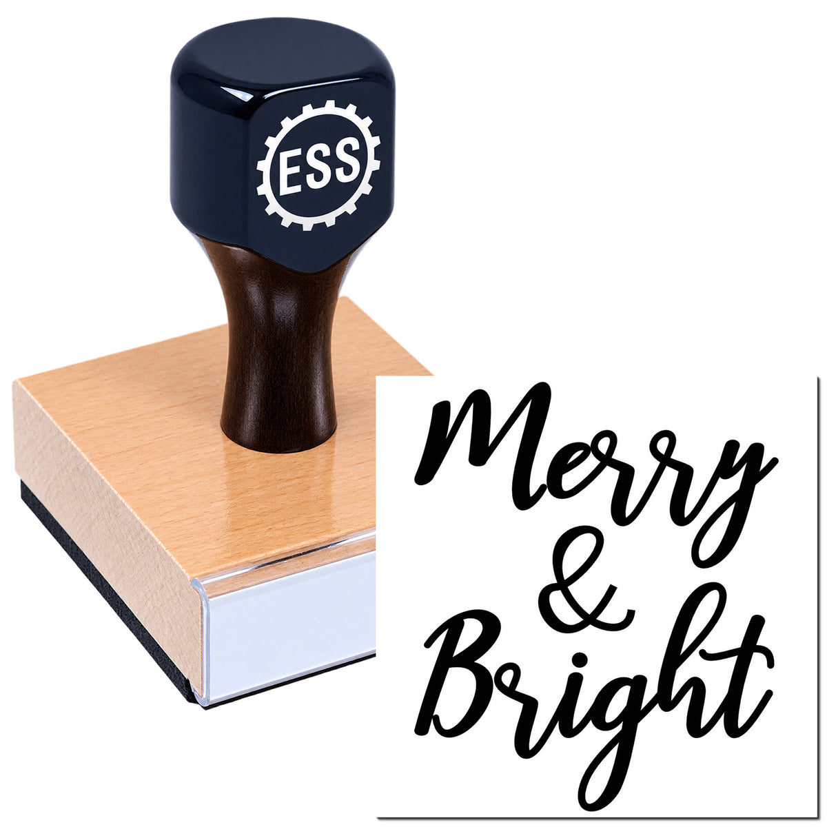 Black ESS rubber stamp and seal on a brown block, with "Merry & Bright" in bold black script.