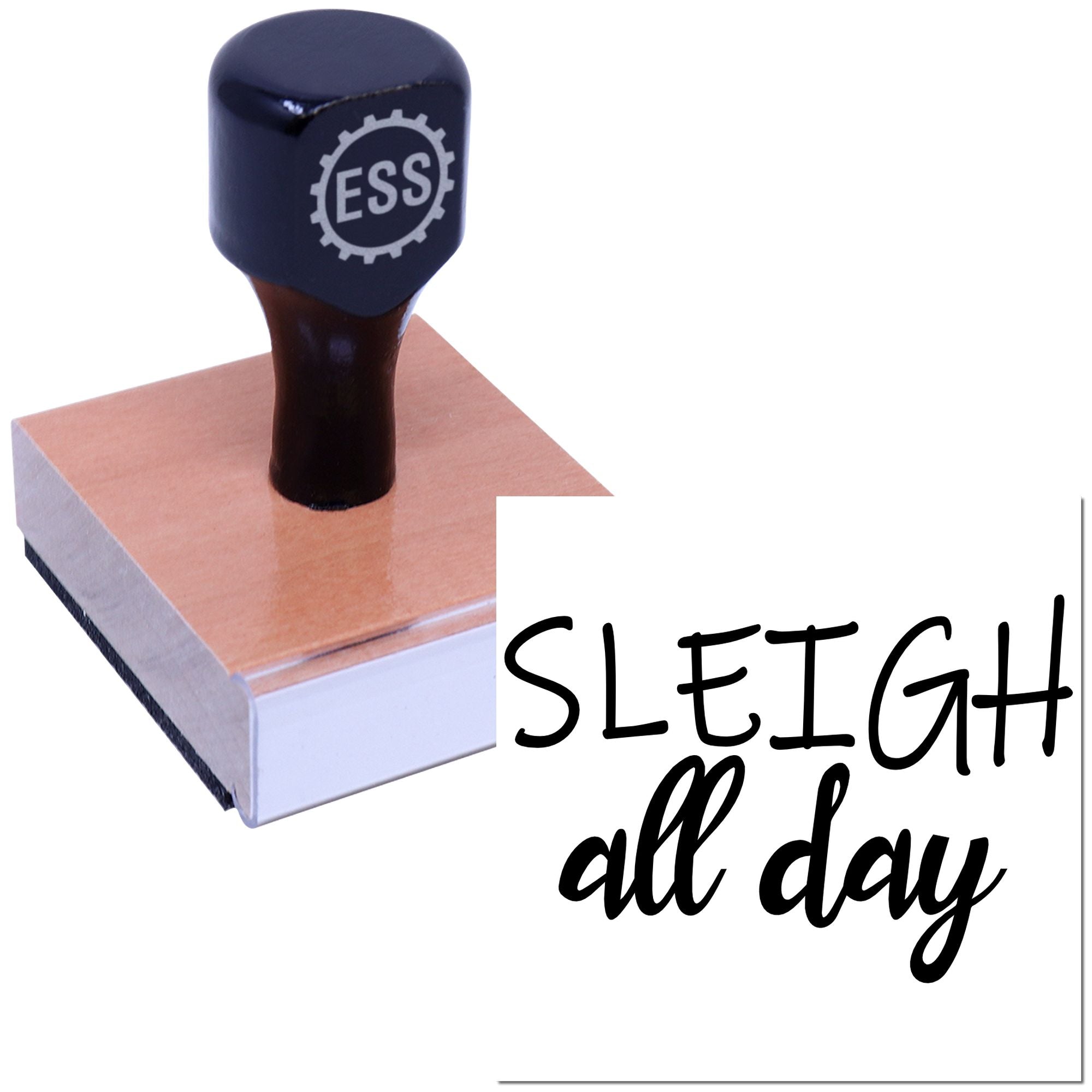 Black ESS stamp and seal on a copper block with bold SLEIGH all day text.