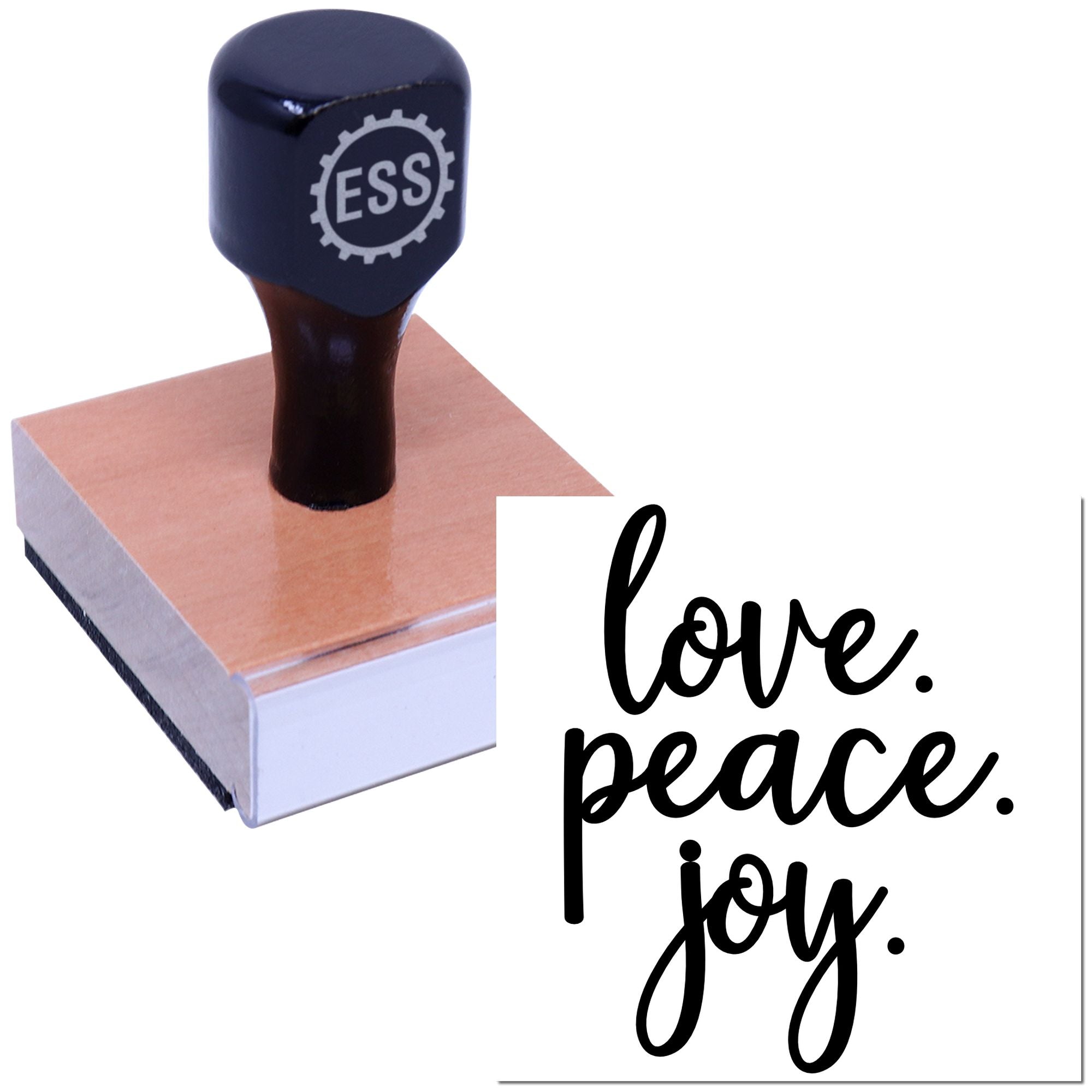 Dark navy ESS stamp on a wooden block beside a white seal reading love, peace, joy in black script.