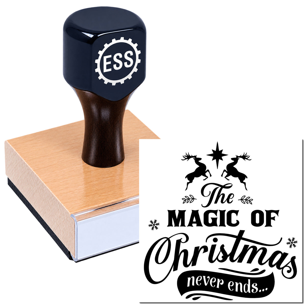 Dark navy custom stamp and wooden seal with ESS logo, featuring a Christmas imprint reading "The magic of Christmas never ends..."