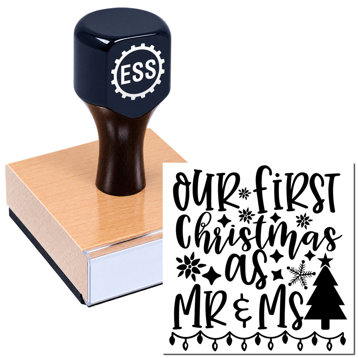 Dark navy custom rubber stamp on pink sealing block with black "Our First Christmas as Mr & Ms" holiday seal design
