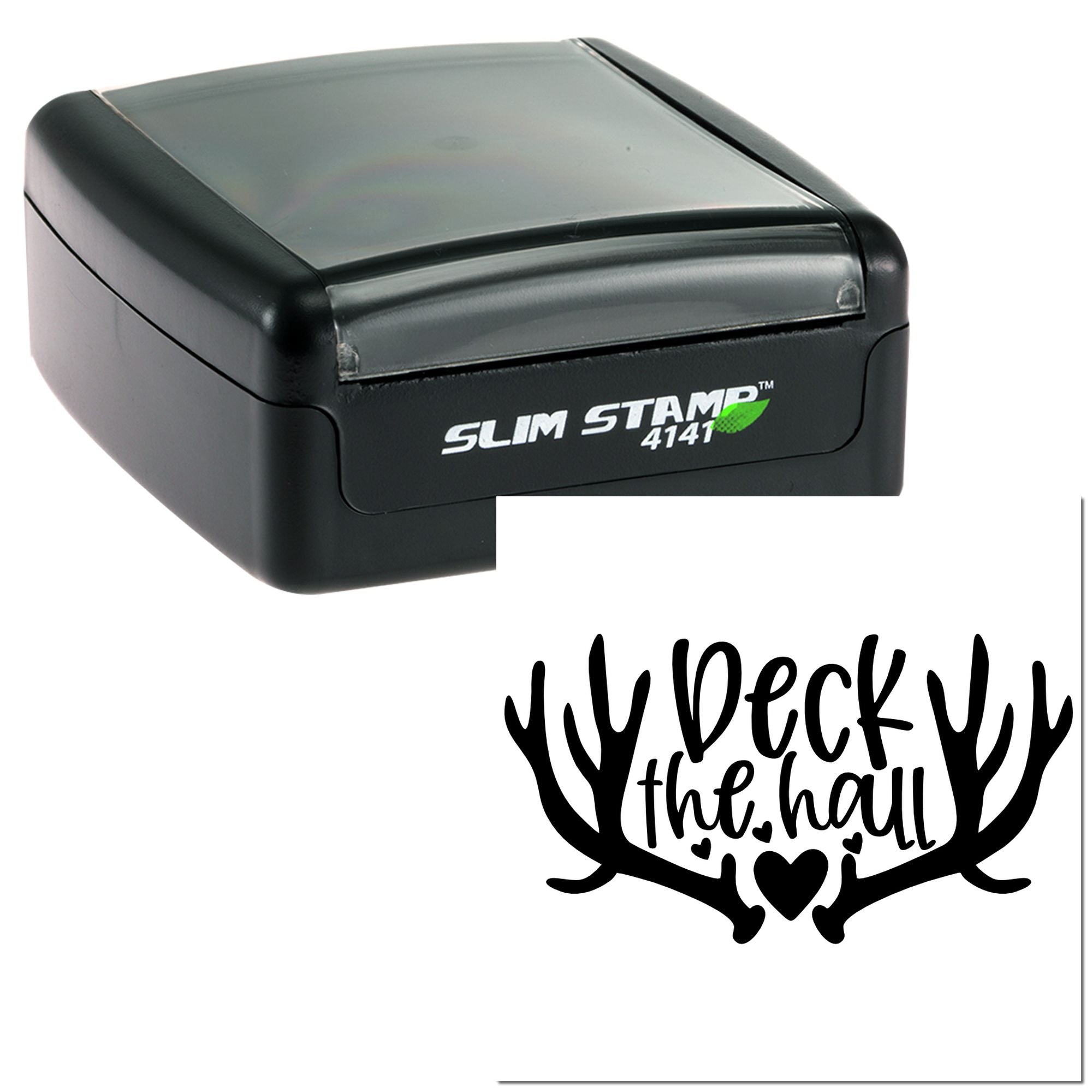 Black self-inking Slim Stamp with clear cap and deer antler holiday seal design on a white background.