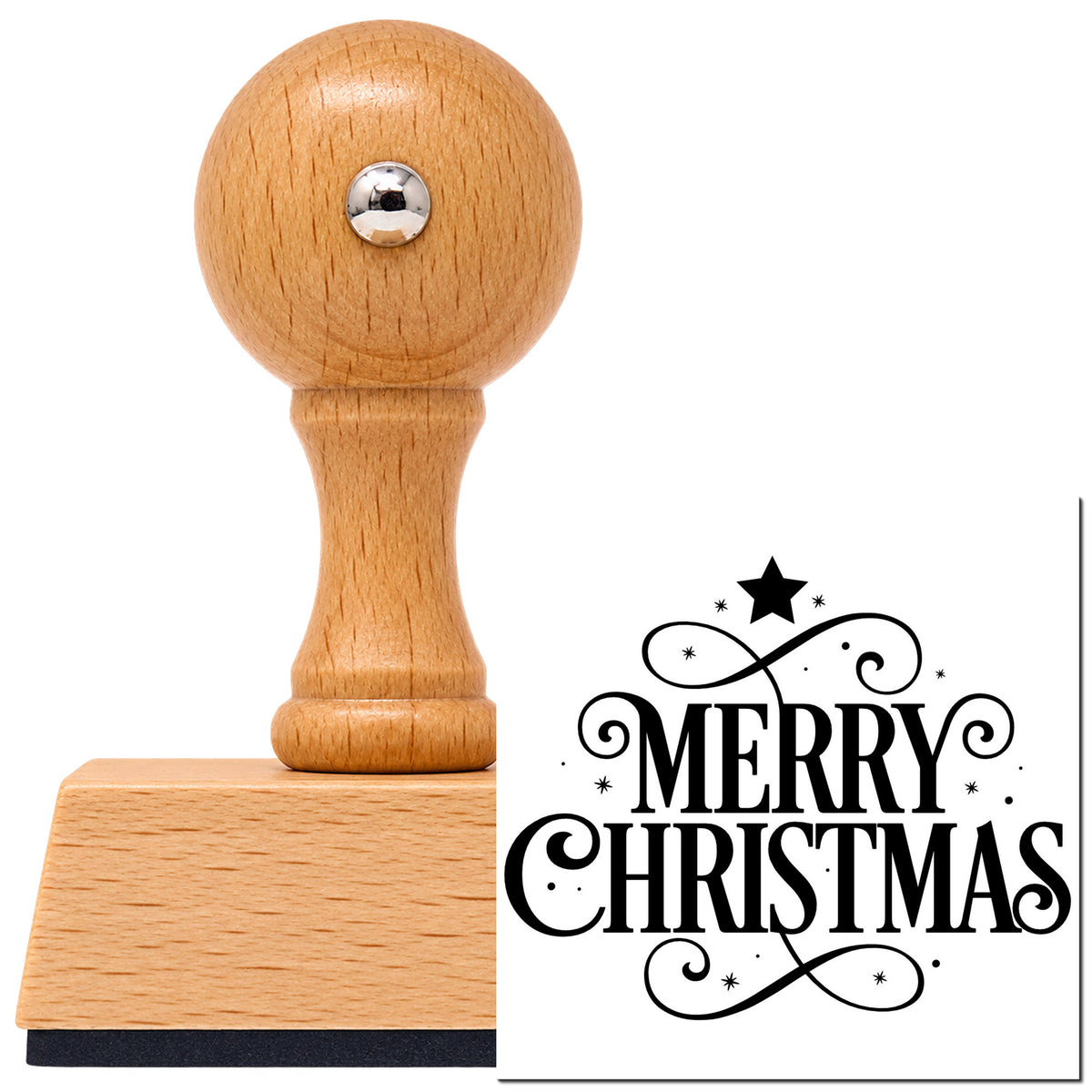 Vintage Pro beech wood stamp with a round knob handle, shown with its black Merry Christmas Ornamental Flourishes imprint on white.